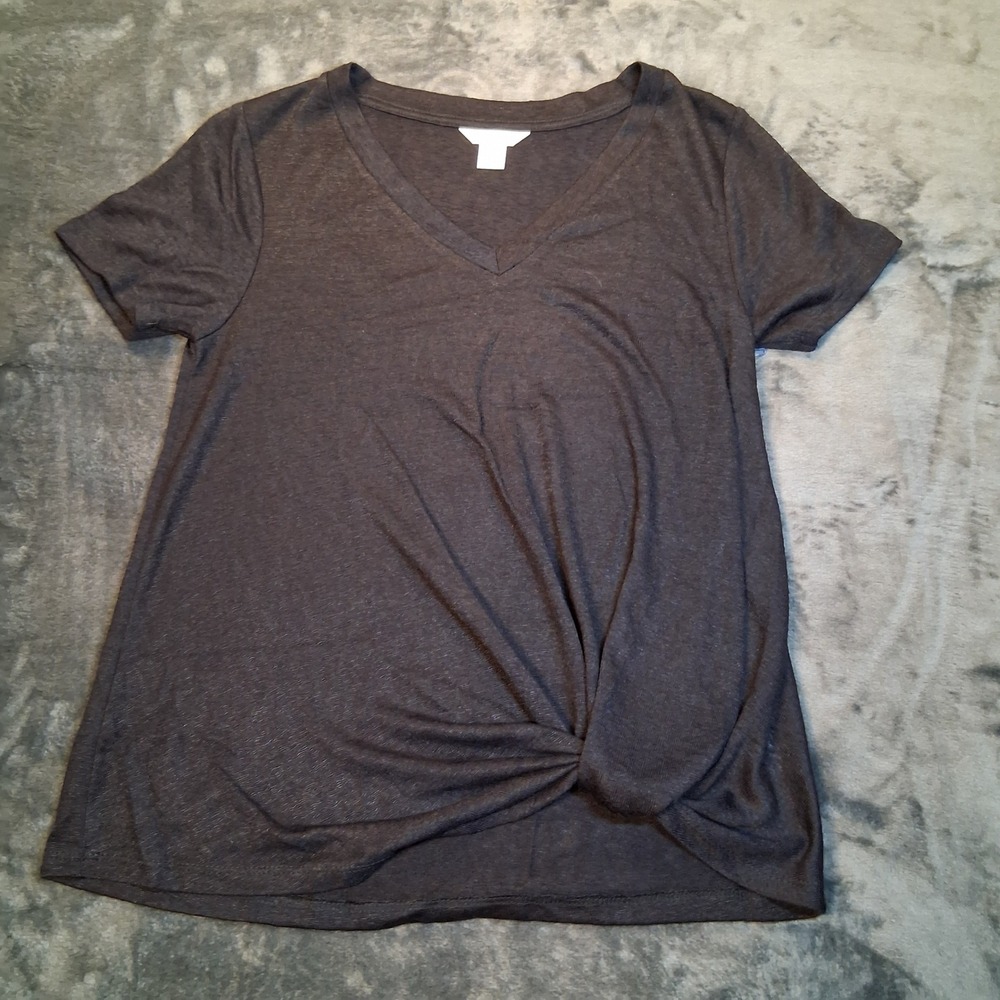 Caslon Twist Front V-Neck Top Womens XS Charcoal Grey Short‎ Sleeve Heathered